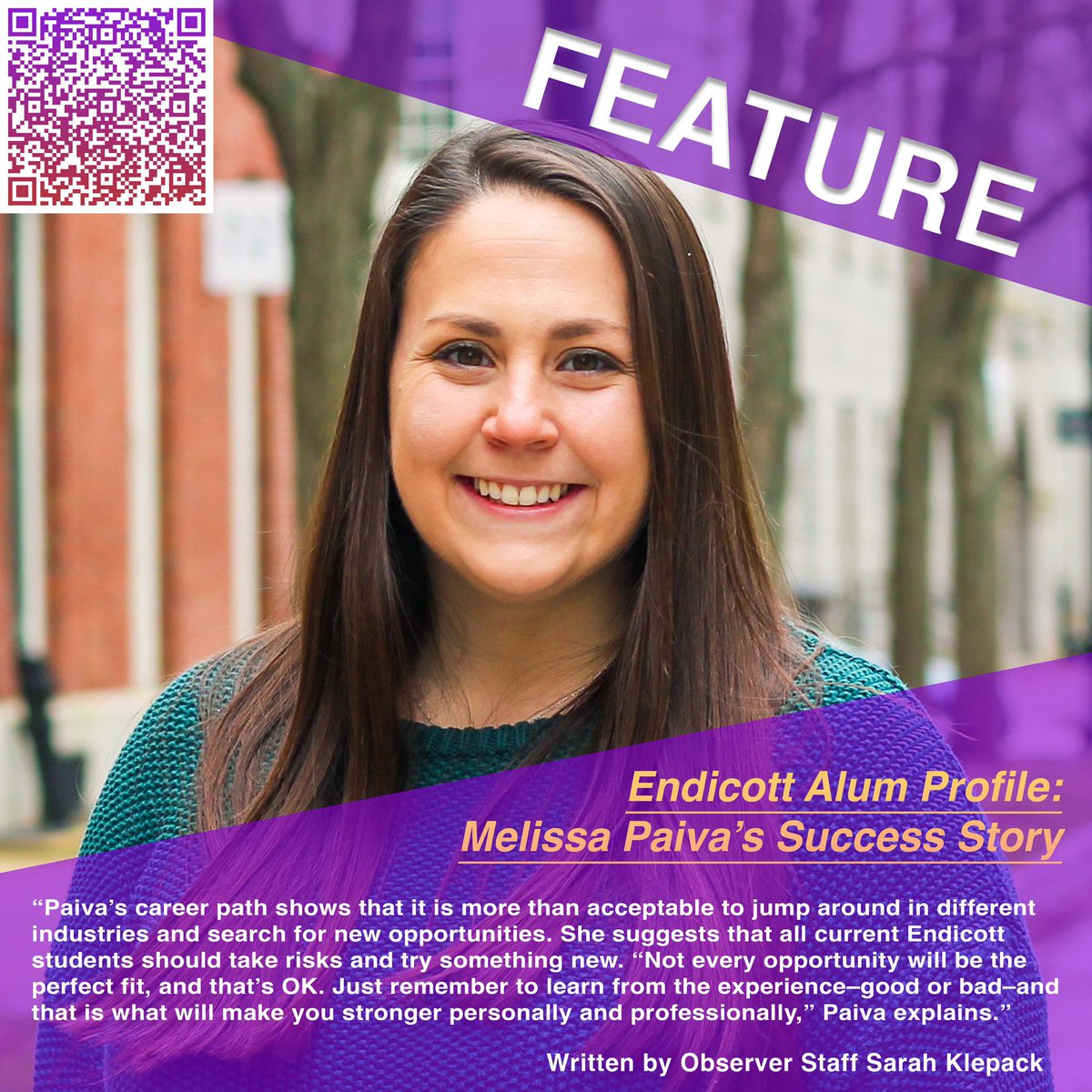 EC_Observer's tweet image. FEATURE - 
Meet Melissa Paiva, a 2014 Endicott Alumni that has recently accepted the role of Social Media Account Director at the Castle Group. To learn more about Paiva’s career path visit endicottobserver.com or use the QR code! 

#endicottcollege #endicottalumni
