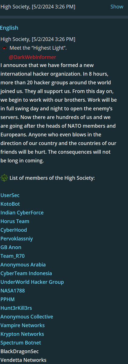 ⚠️DISCOVERY⚠️High Society is a new international organization formed on #Telegram. Translation is in the 3rd snap. They claim they are going after the heads of NATO members and Europeans.

#HighSociety #DDoS #DarkWebInformer #DarkWeb #Cybercrime #Cybersecurity #Infosec #CTI