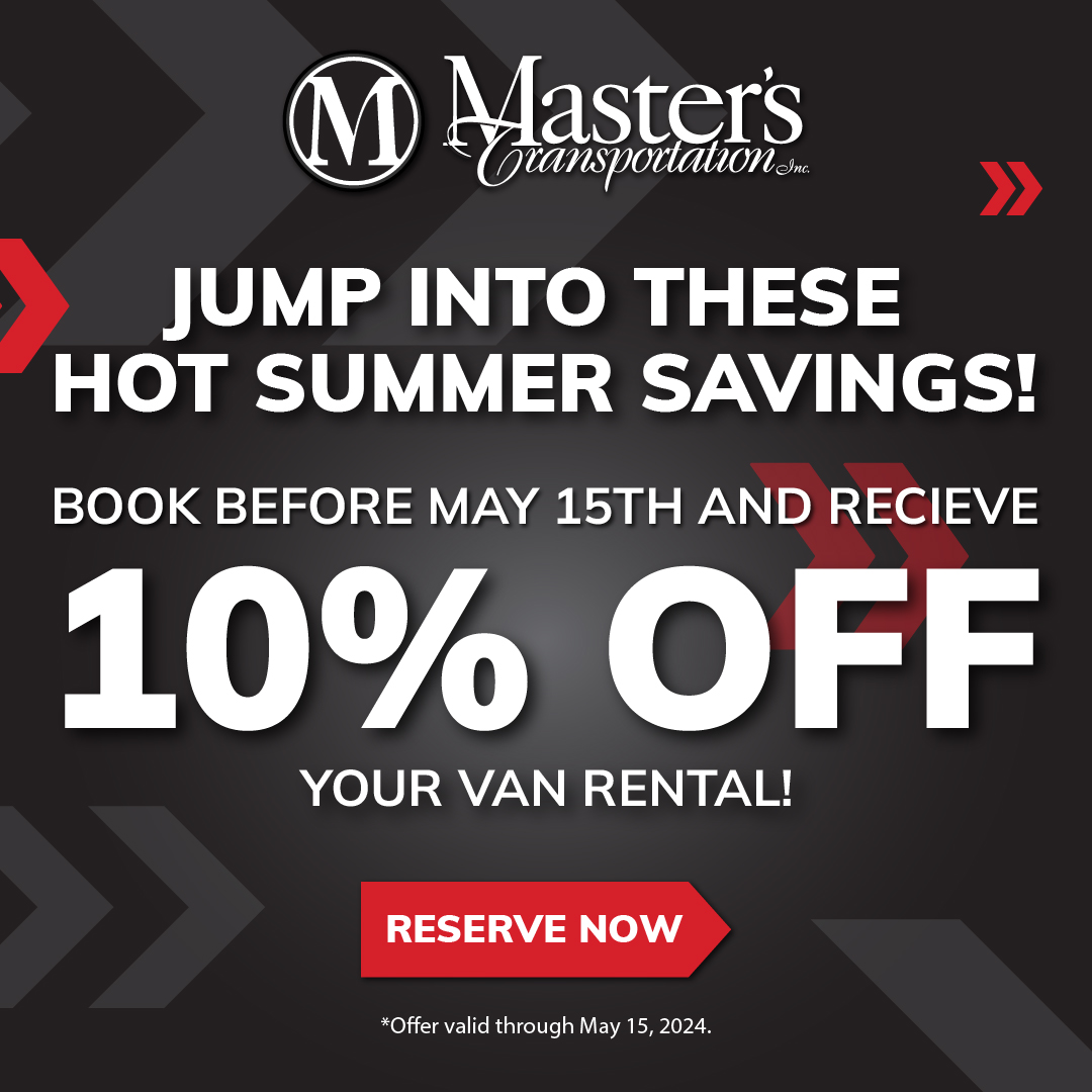 Jump into these hot summer savings at Master's Transportation!🔥 Book your van rental before May 15th and receive 10% off! Don't miss out!
Shop our rental selection! ➡️ bit.ly/48LPS5d
#ShuttleBus #RentalVan #RentalShuttle #MastersTransportation