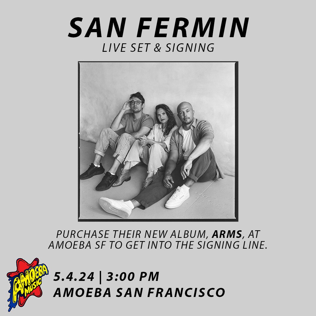 This Saturday! @sanferminband plays a live set and signs their new album, 'Arms' (out now on @bettercorecords), at Amoeba SF at 3pm! Free/all-ages show. Buy the album at Amoeba SF to attend the signing & meet the band after their set! ℹ️ amoeba.com/live-shows/upc…