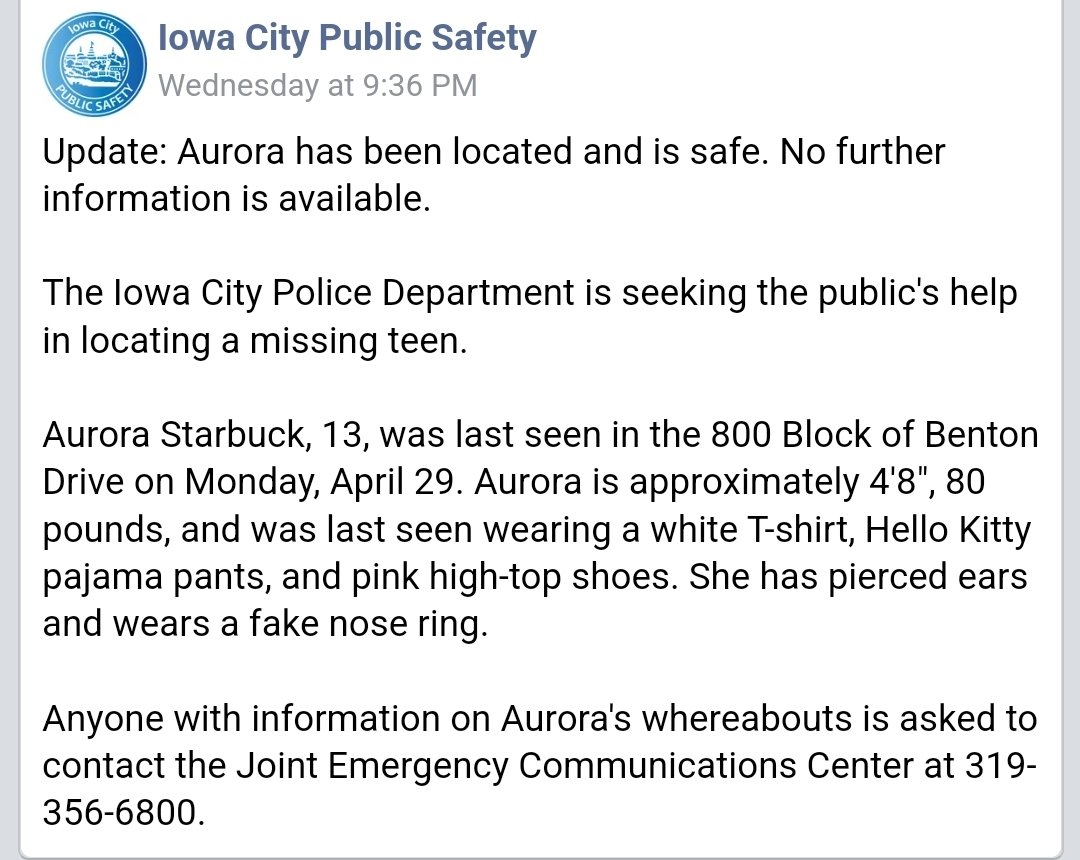 Found safe! #AuroraStarbuck