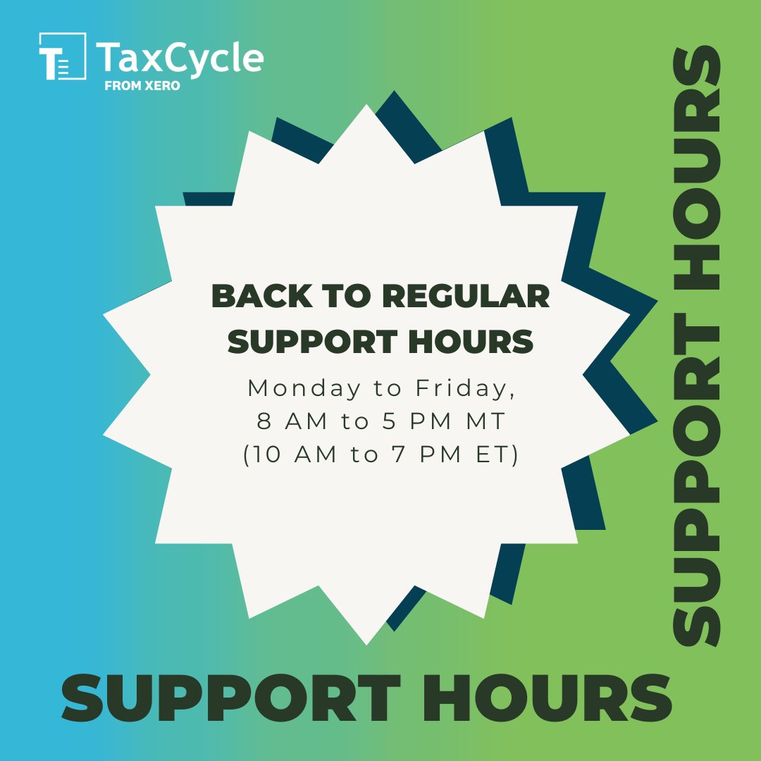 📢 We're Back to Regular Hours! 🕒
The hustle of tax season winds down, we're shifting back to our regular schedule. 
Need assistance outside these hours?   Call us toll-free at 1-888-841-3040.
#TaxCycle #SupportHours #BusinessAsUsual #TaxProfessionals