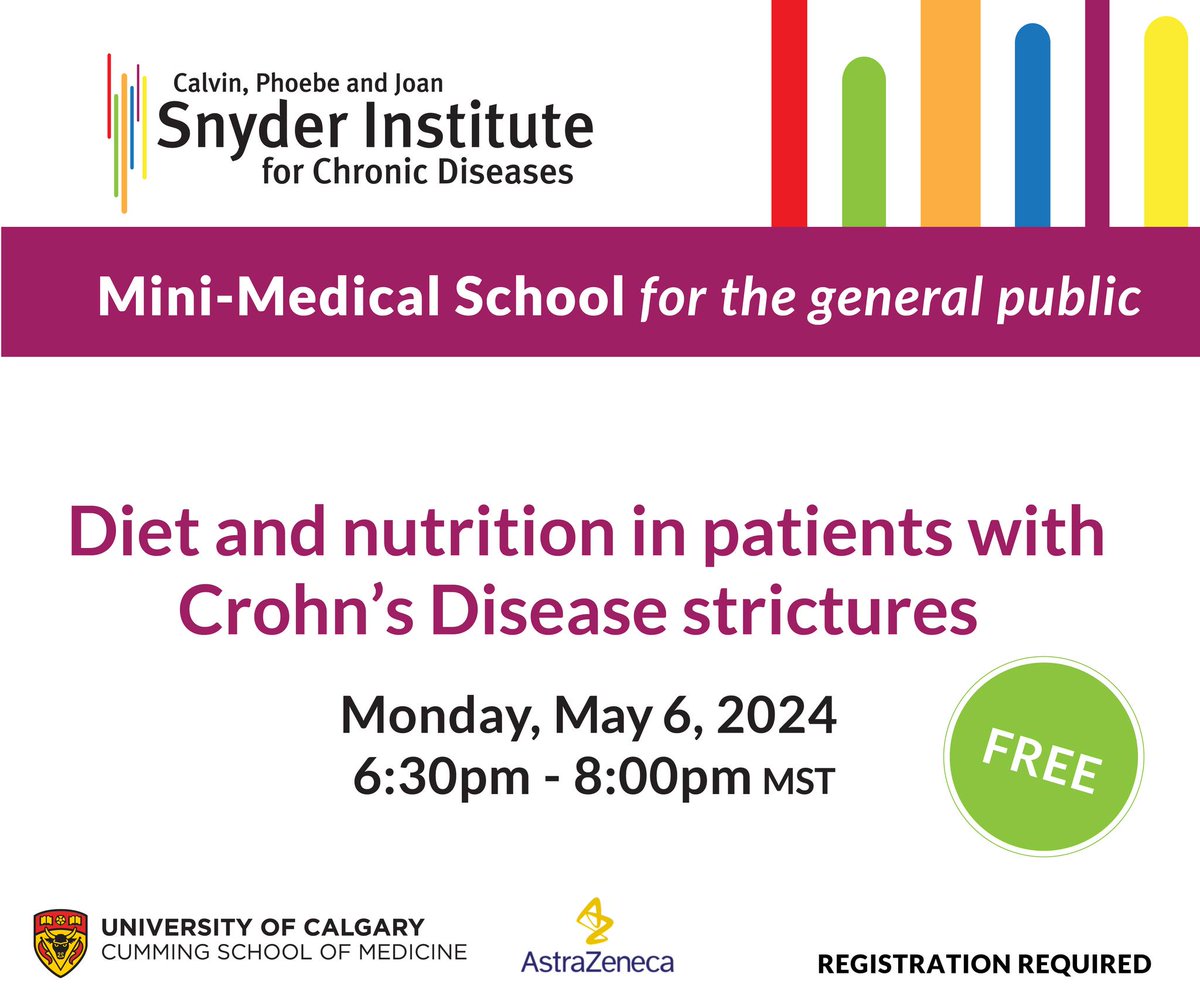 Join us for Snyder Mini Medical School lecture on May 6, 2024, from 6:30-8:00 pm, at HSC Theater 4. Dr. @CathyLuMD and Dr. Karen Madsen will discuss diet and nutrition in Crohn's Disease strictures. Register here: bit.ly/44jJSPE