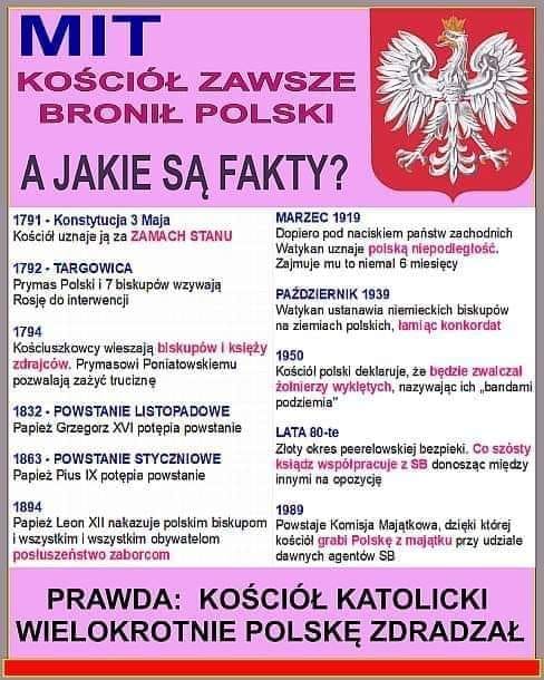 Kościół wielokrotnie zdradził Polskę, w 1791 roku konstytucję 3 maja uznał za zamach stanu!!