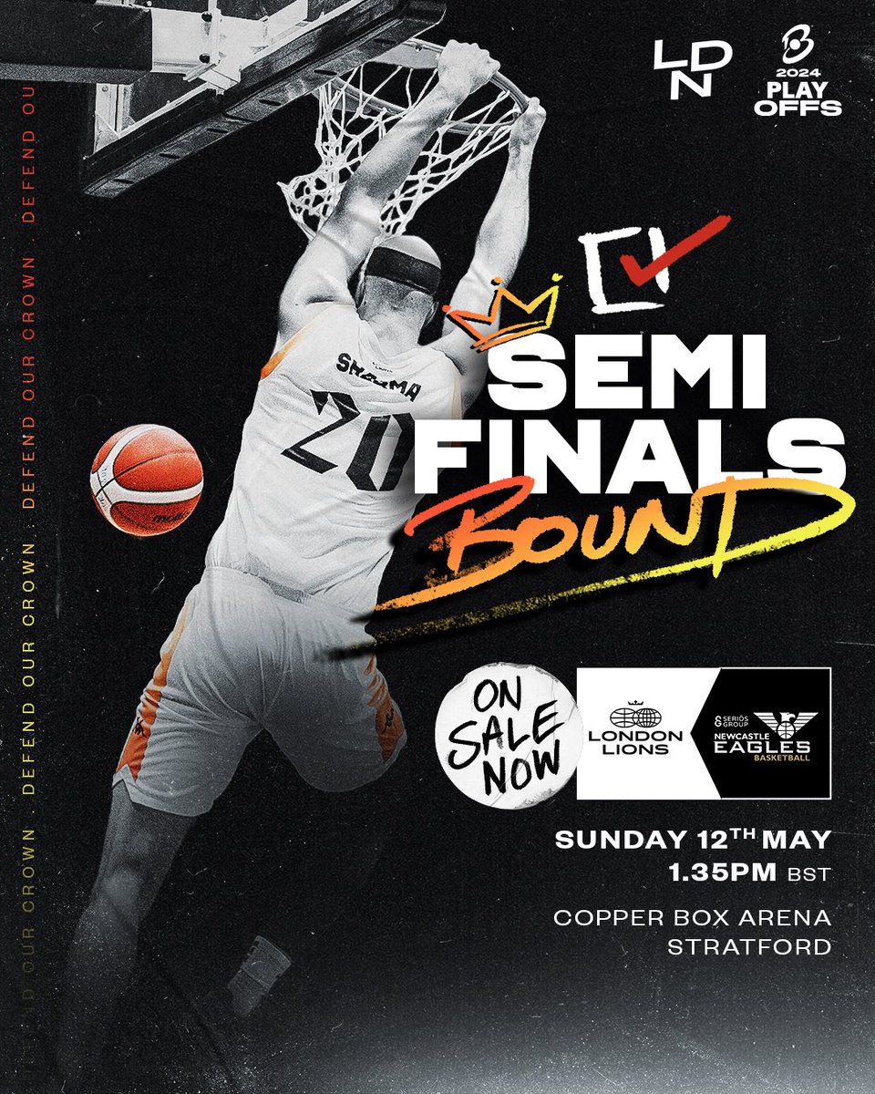 ONTO THE NEXT ROUND OF THE PLAYOFFS!! 😤 SEMIFINALS - Here we come! 👀 🎟️ Tickets ON SALE NOW for game 2, played at home 🏠 🏆 @britishbasketm semifinals, game 2 🆚 @NewcastleEagle 📆 Sunday 12th May 🏠 @CopperBoxArena ⏰ 1:35pm #WeAreLondon #DefendOurCrown