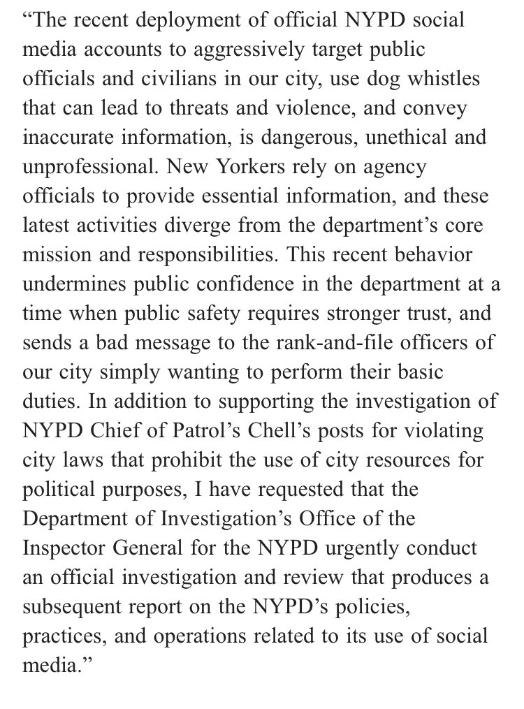INBOX: Council Speaker Adrienne Adams has formally asked that the Department of Investigation launch a probe into NYPD officials' 'dangerous' and 'unethical' social media use, which she says may violate city laws. She specifically calls out @NYPDChiefPatrol's recent posts.