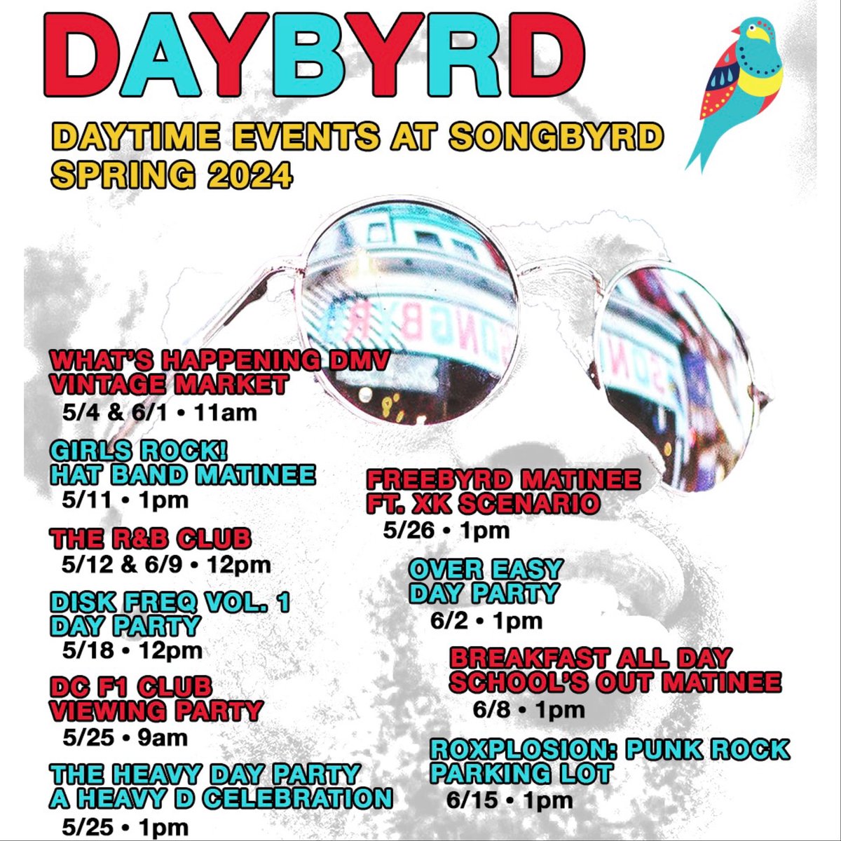 DC!! Spring is in full bloom and we’d like to invite you to join us during the daytime in these beautiful months for these beautiful events!! Parties, shows, music-focused events & more at our sun-drenched space!! And stop by @byrdlandrecords for all your #vinylrecords needs!