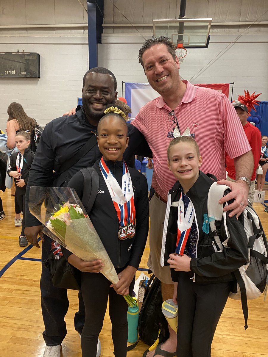 ⁦@URMensHoops⁩ fam is strong. 25 years ago if you told me Coach Scott and I would be watching our daughters compete in the NY State Gymnastics Championships I think we would’ve both said no way. But here we are today. Congrats to Eden who finished first. Sophia took 8th.