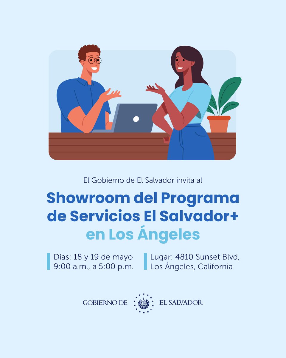 Si vives en en Los Ángeles, California, te esperamos este día en el Showroom del Programa de Servicios El Salvador + que se llevará a cabo a partir de las 9:00 a.m. Conoce nuestro programa especial de atención médica: 'Salvadoreño Seguro'. 🇸🇻🌎 #DiásporaSV