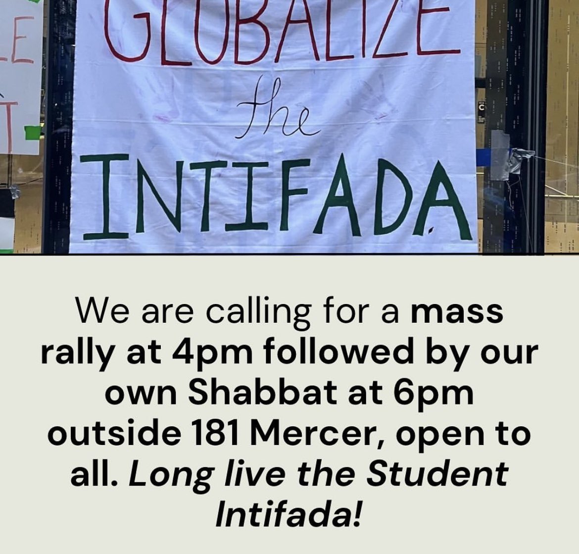 Tonight is a new low for the anti-Israel group at NYU: They’re excitedly protesting timed to heckle people heading to Shabbat services. Sorry, I mean hosting “their own Shabbat” and calling for intifada. NYU’s Jewish community does not deserve this.