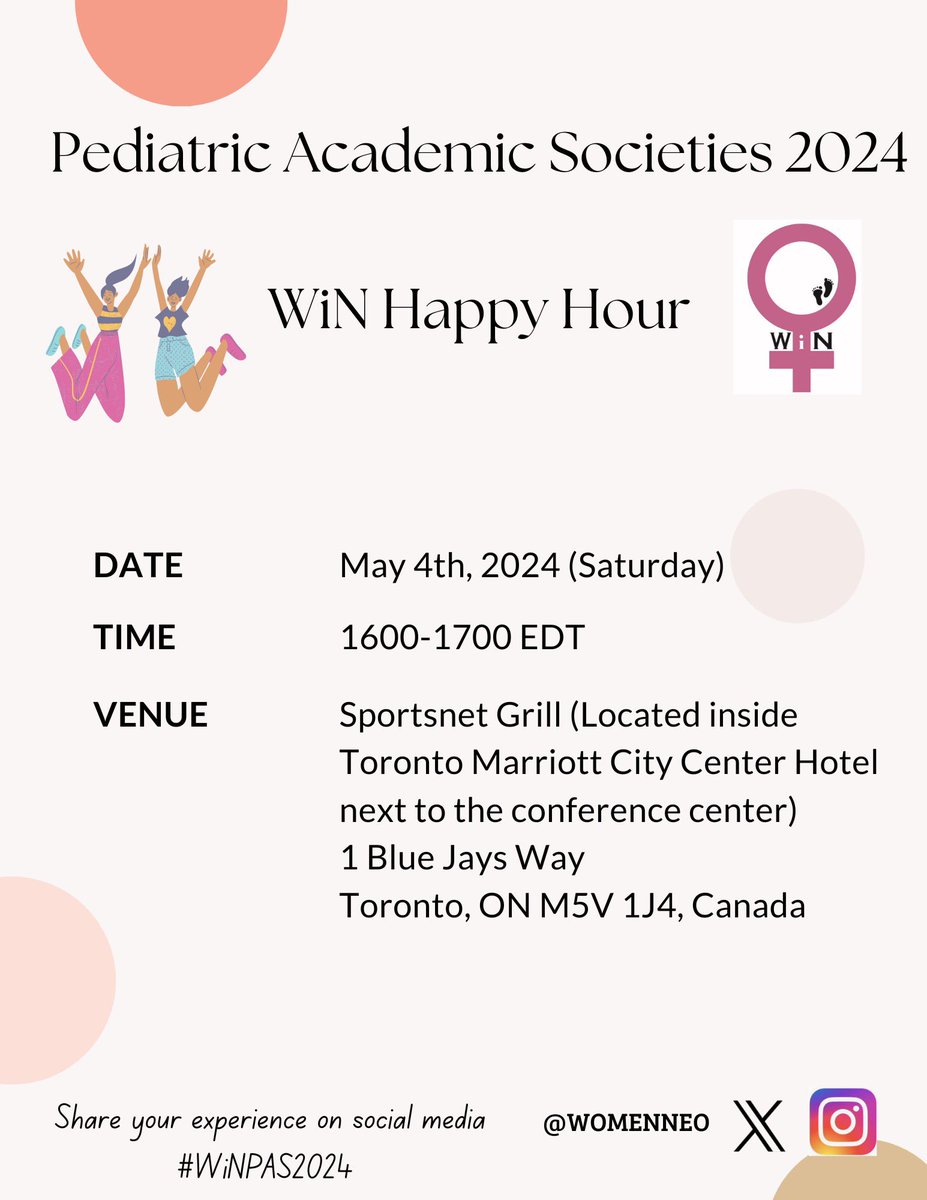 Come join us at the WiN Happy hour on May 4th! 🍹 💃🏻 Excited to see you all @PASMeeting @AAPneonatal @songMD @kdocneo @HubDeMD @Damm2Christiane @Mokcita @ishani_jNeo @neo_twiter 
#PAS2024 #WiNPAS2024