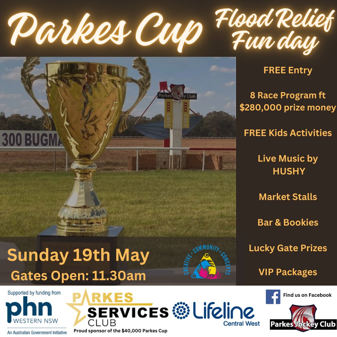 Parkes Jockey Club's Flood Relief Fun Day on Sunday 19 May! 🆓 Free Entry 🏰 Free Kids Activities: Inflatables, Photo Booth ⛳ Party Planet: Laser Tag, Mini Golf, Arcade Games 🎨 Face Painting 🎵 Live Entertainment 🛍️ Market Stalls 🍔 Food & drinks 🎁 Lucky Gate Prizes