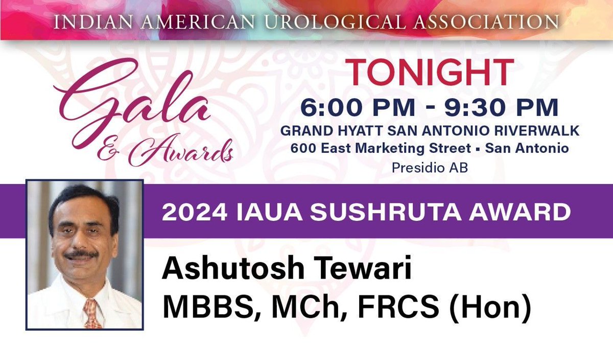 Indian American Urological Association (@iauasociety) on Twitter photo Congratulations to our 2024 IAUA Sushruta Award Winner, Ashutosh Tewari, MBBS, MCh, FRCS (Hon)! We look forward to honoring you tonight at the 2024 IAUA Gala & Awards, located at the Grand Hyatt San Antonio.
Need a ticket? Email us: iaua@iauanet.org
#IAUA2024 #IAUA #AUA24 Congratulations to our 2024 IAUA Sushruta Award Winner, Ashutosh Tewari, MBBS, MCh, FRCS (Hon)! We look forward to honoring you tonight at the 2024 IAUA Gala & Awards, located at the Grand Hyatt San Antonio.
Need a ticket? Email us: iaua@iauanet.org
#IAUA2024 #IAUA #AUA24