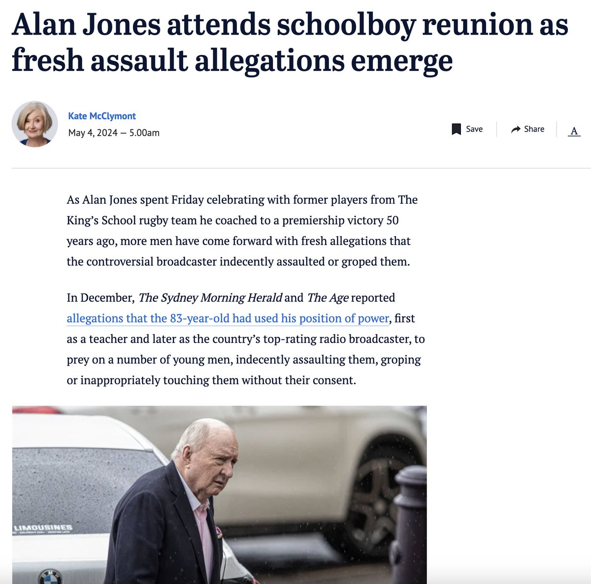 Allegations against Alan Jones continue to surface. 'One former Brisbane Grammar student said that in 1965, he was a 14-year-old student when his teacher, Jones, allegedly put his hands down his pants and squeezed his testicles.' Respect to those coming forward. It's hard.