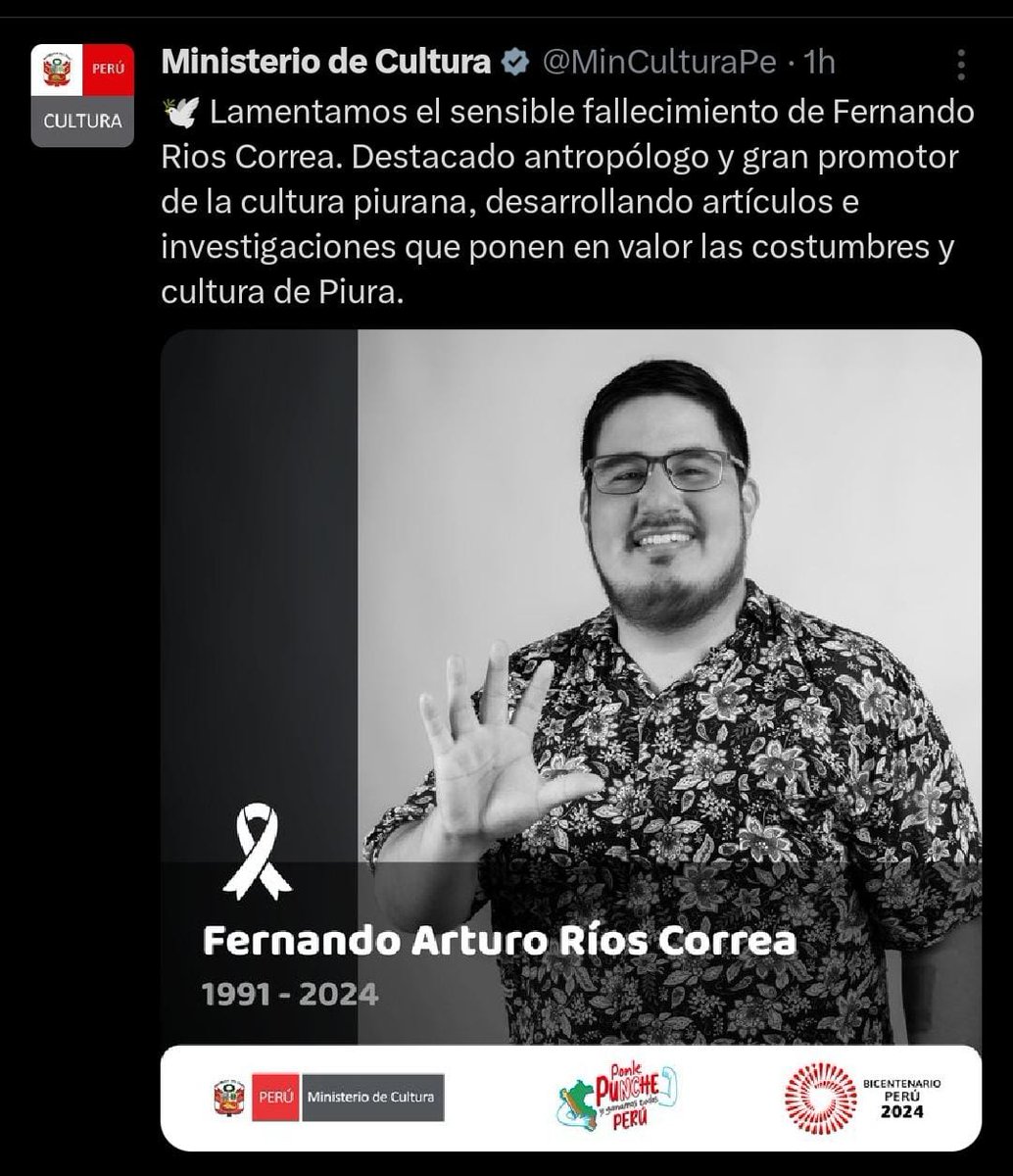 Ayer falleció Fernando Rios, miembro fundador de El Panfleto, científico social, forjador de producción académica regional y ex trabajador del @MinCulturaPe. El MINCUL borró este homenaje por presión de la Ministra. Una mezquindad infinita que solo genera asco.