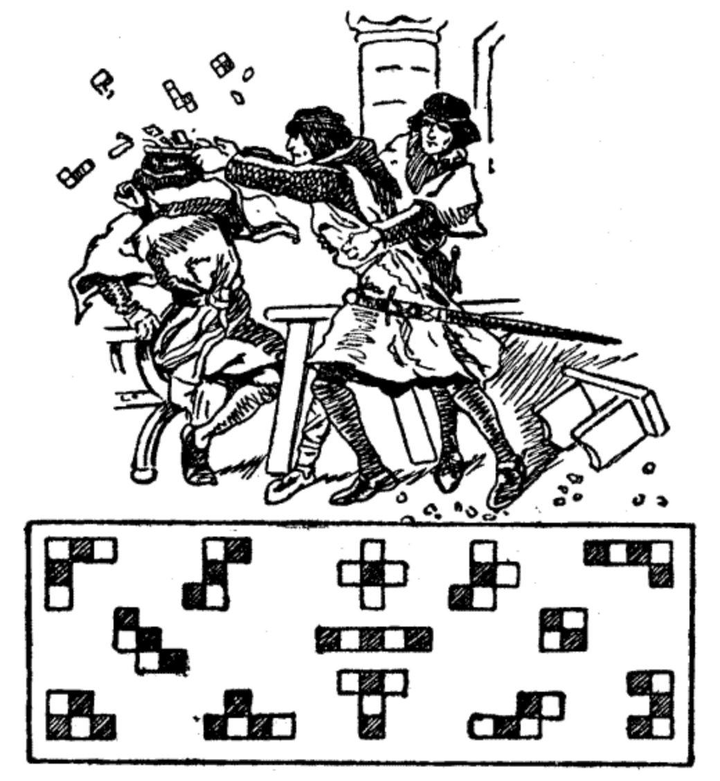 A couple of my tiling theory students recreated this 1907 puzzle by Henry Dudeney. The objective is to reassemble these 12 pentominos and one tetromino into an 8x8 chess board. Original: gutenberg.org/files/27635/27…