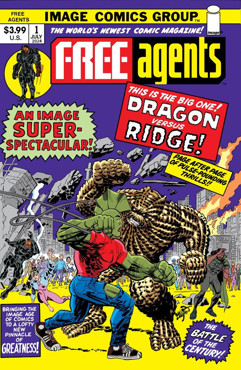 FREE AGENTS #1. THIS JULY from @ImageComics. 40 PAGES OF STORY. $3.99. (yes, I said 40 pages of story for $3.99) ERIK LARSEN VARIANT COVER. 1:25. 'THE WORLD'S NEWEST COMIC MAGAZINE!' DON'T BE AFRAID TO HAVE FUN.