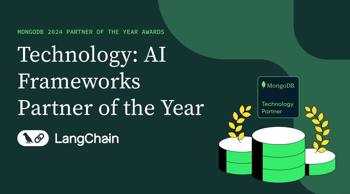 🎉 We’re thrilled to be MongoDB's AI App Framework Partner of the Year! LangChain is the #1 choice for developers building GenAI apps. We have immense gratitude for our community of over 2,000 contributors who have helped us shape the LLM application development space, and are…