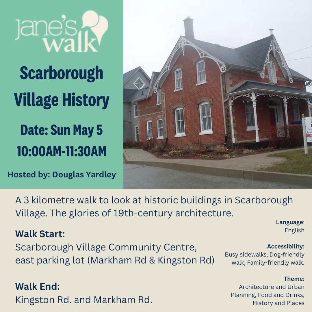 Join the Jane's Walk happening this Sunday, May 5 from 10:00AM - 11:30AM to learn about the historic buildings in our neighborhood! Hosted by Douglas Yardley, the walk starts and ends near Markham Rd & Kingston Rd.

#janeswalk #janeswalkto #ScarbTO #danforthkingston4all