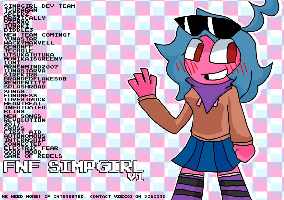VZexxo's tweet photo. 🌟 Team complete, but we’re expanding! 🎶 New tunes out!

📢 Seeking animators, coders, composers, voice actors, artists. Interested? DM @VZexxo on Discord.

🎮 #FNFSimpgirl #SimpgirlV1 #FNFMod 🎨 @GameBanana https://t.co/CKadVCu1Zl