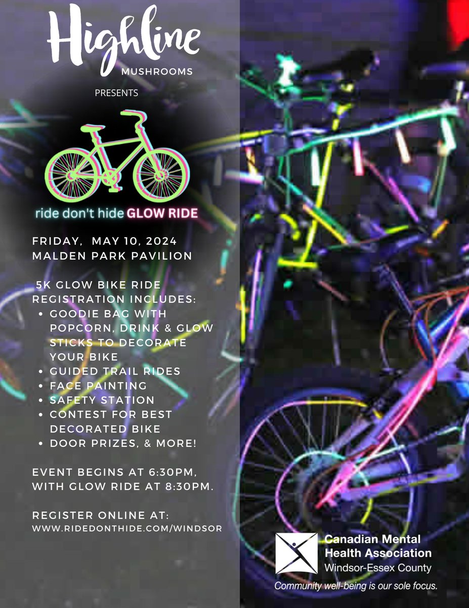 The GLOW RIDE in support of Ride Don't Hide is just ONE WEEK AWAY! We're so excited for this 5km glow-in-the-dark cycling event at Malden Park with face painting, bike safety, bling out your bike, prizes & more! Proudly sponsored by @highlinemushrooms ridedonthide.com/windsor