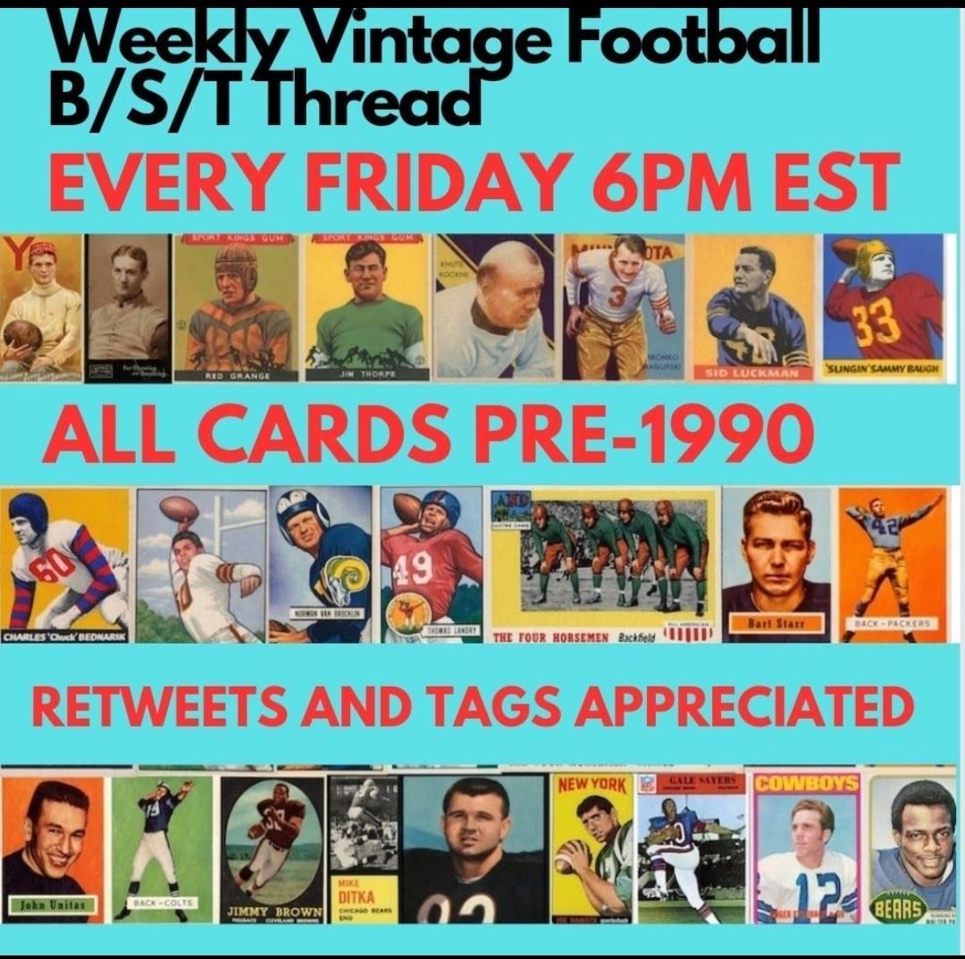 #FridayVintageFootball TIME!!  🏈 ***PLEASE Retweet and/or tag someone****🏟️ 🏉Cards MUST be pre-1990🏉 🏈ALSO - autos & relics of pre-1990 players; pre '90 matchbooks, post cards, etc🏈 🏉ALL welcome to sell, buy or post wantlists🏉 HAVE FUN🏈 #vintage #football