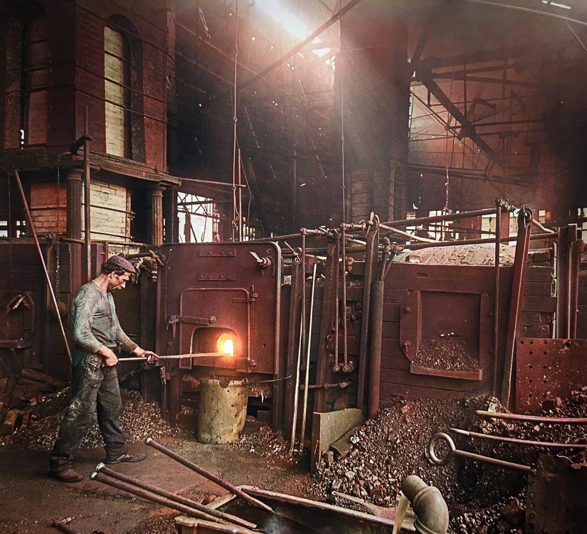 #CohoesNY // 1911

Cohoes Industrial History: Factory Laborer, Cohoes Rolling Mill, 1911. This is such an amazing image, and I love the restoration. 

Captured in 1911, this image showcases labor at a puddling furnace in the Cohoes Rolling Mill. Situated opposite the Star Woolen…