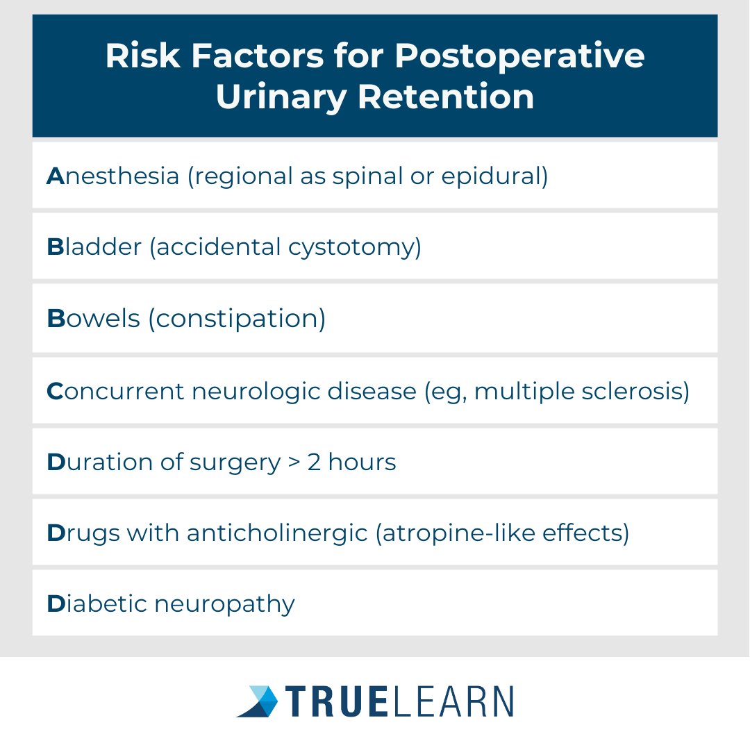 Learn about the risk factors for postoperative urinary retention with this infographic! Save to review later!

#medicine #medstudent #medschool #resident #healthcare #healthcarestudents #healthcareworker #paschool #npschool #otschool #slpschool #truelearn #infographic