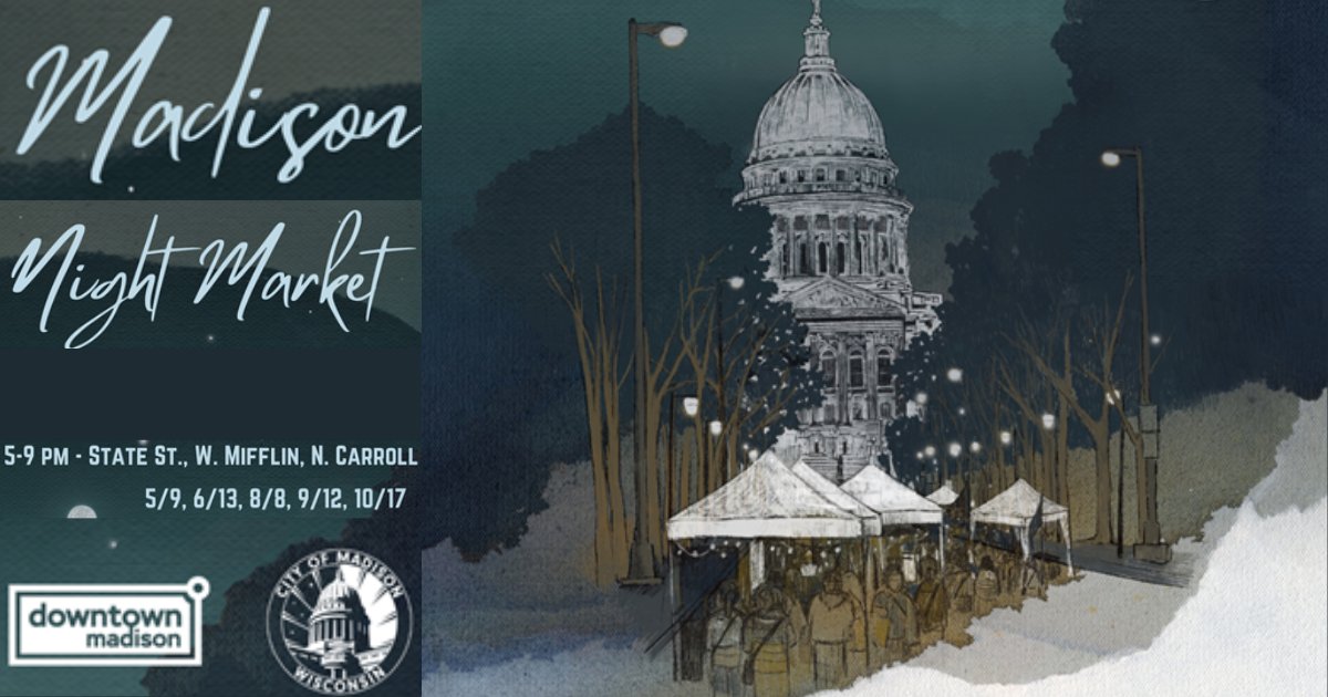 The first Madison Night Market of the 2024 season is on Thurs, May 9, from 5-9 PM! The market is expanding to N. Carroll and W. Mifflin, in addition to State Tt and Gilman St. More info about Madison Night Market here: ow.ly/plAY50Rw8Q5
