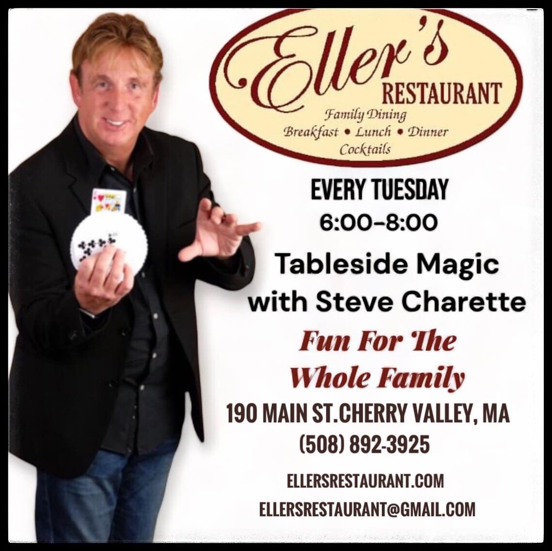 Experience magic like never before at Eller's Restaurant! Join us every Tuesday from 6-8pm for Table Side Magic with Steve Charette while indulging in delicious food and drinks. Don't miss out! #TableSideMagic #EllersRestaurant #MagicalEvenings 🍽️🍸