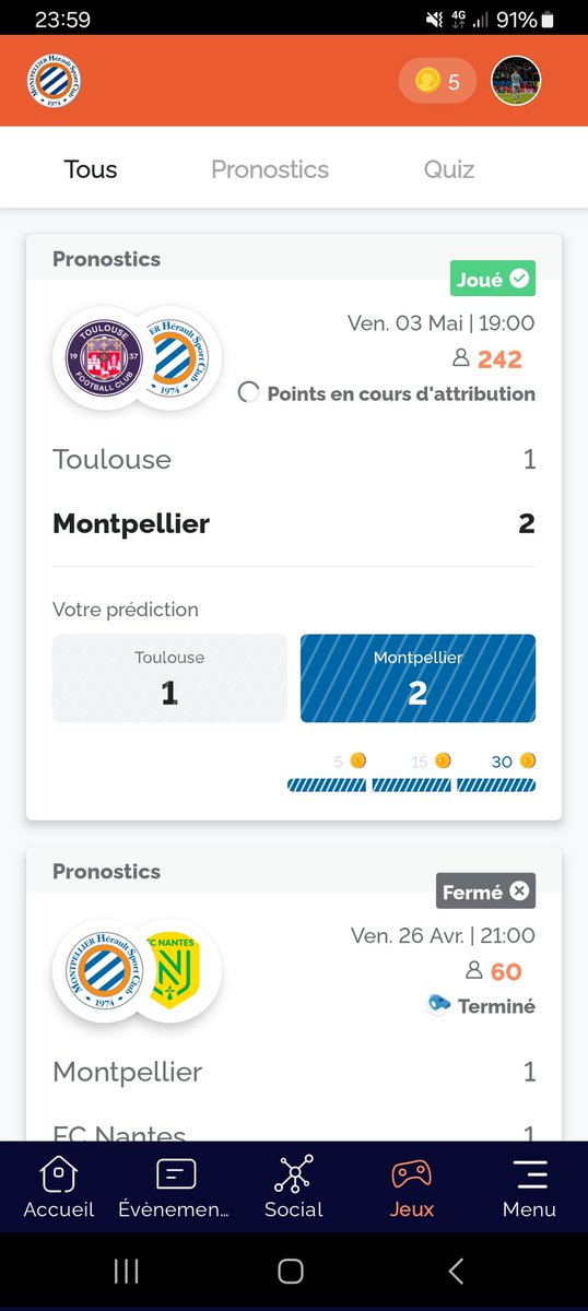 J'ai téléchargé la nouvelle appli du @MontpellierHSC cette semaine. Et je veux pas me la péter mais j'ai joué aux prostiks 😁 #TeamMHSC