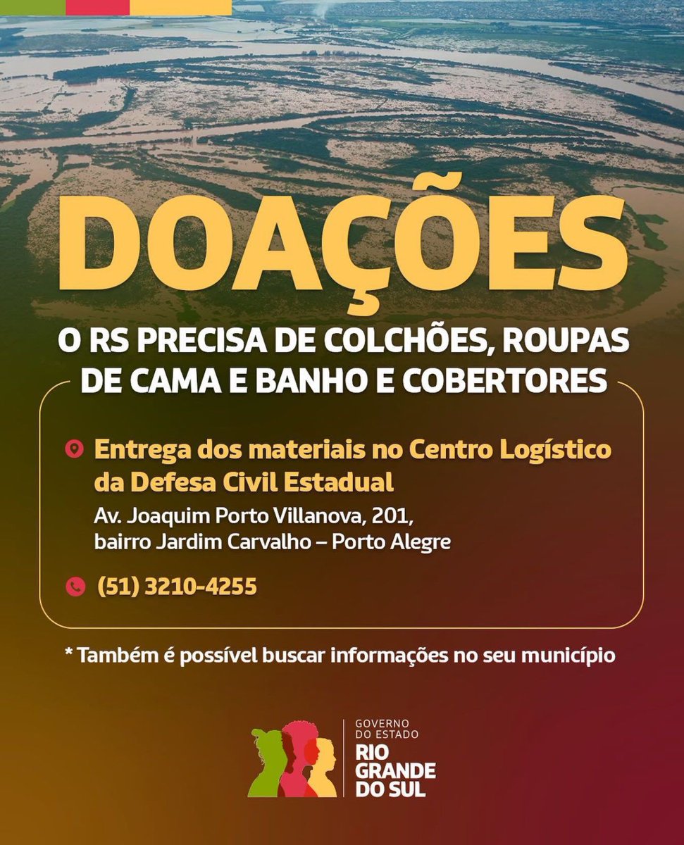 🚨O Rio Grande do Sul precisa de ajuda!🚨 Fortes chuvas estão assolando o estado e muitas famílias e ONGs perderam tudo que tem. Neste momento, precisamos de todas as doações possíveis! Se puder, doe e não deixe de compartilhar essas informações! 🙏🏻 #AjudaRioGrande