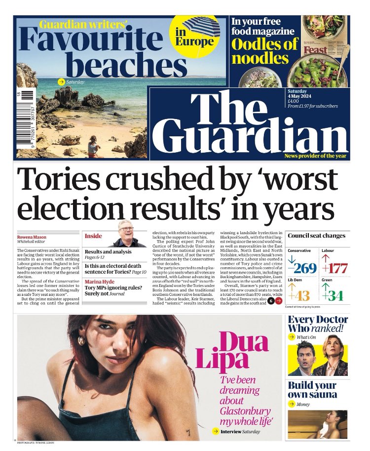 Saturday’s @guardian front page: Tories crushed by ‘worst election results’ in years theguardian.com/politics/artic…
