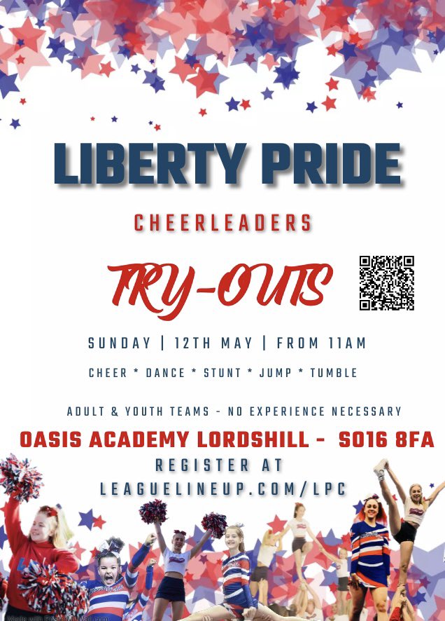 LPC_Cheeries's tweet image. Liberty Pride Cheerleaders
📣🎀 TRY-OUTS!! 🎀📣
Sunday 12th May 2024 at @OasisLordshill /@Lordshillhub 

Adult &amp;amp; Youth Teams. No experience necessary!
Register at leaguelineup.com/LPC for more info!