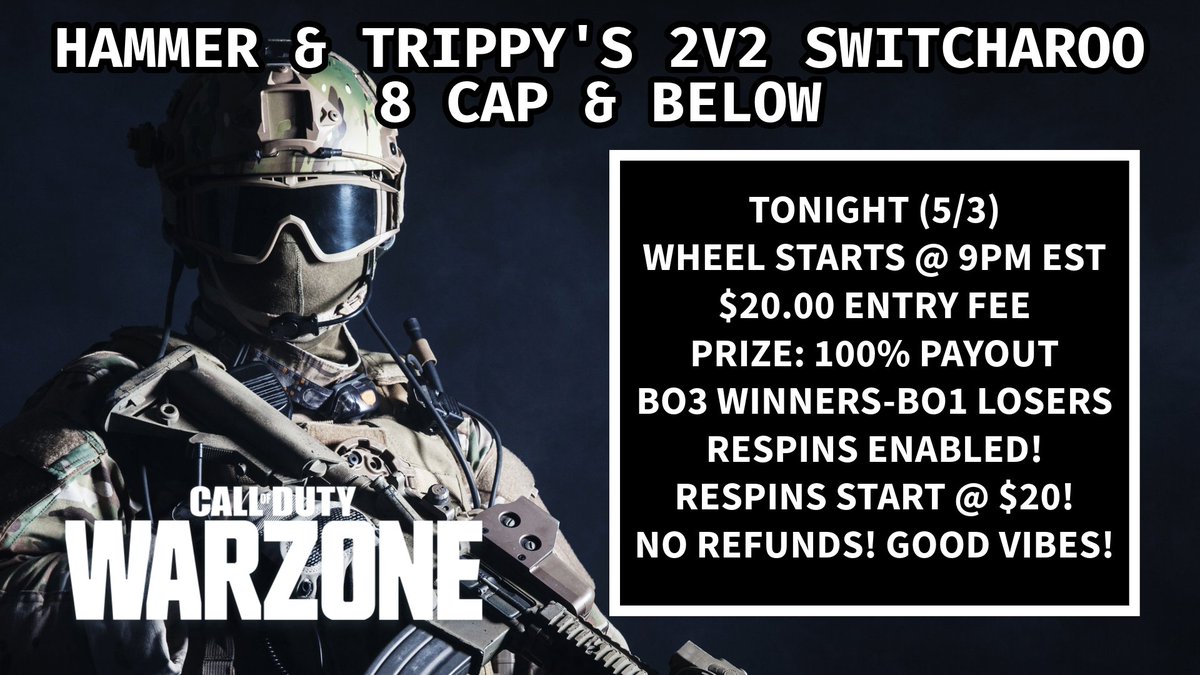 🚨 WE ARE BACK! 🚨
🚨 8 CAP &amp; BELOW 🚨
🚨 2v2 SWITCHAROO 🚨

Tonight (5/3) | Wheel @ 9:00 PM EST 
$20 | BO3 Winners | No Losers Unless Pot is Over $750
Wheel Spin @ twitch.tv/trippydrip_

RETWEET FOR CHANCE @ FREE ENTRY!

COMMENT BELOW 4 FORM!

RANKINGS: docs.google.com/spreadsheets/d…