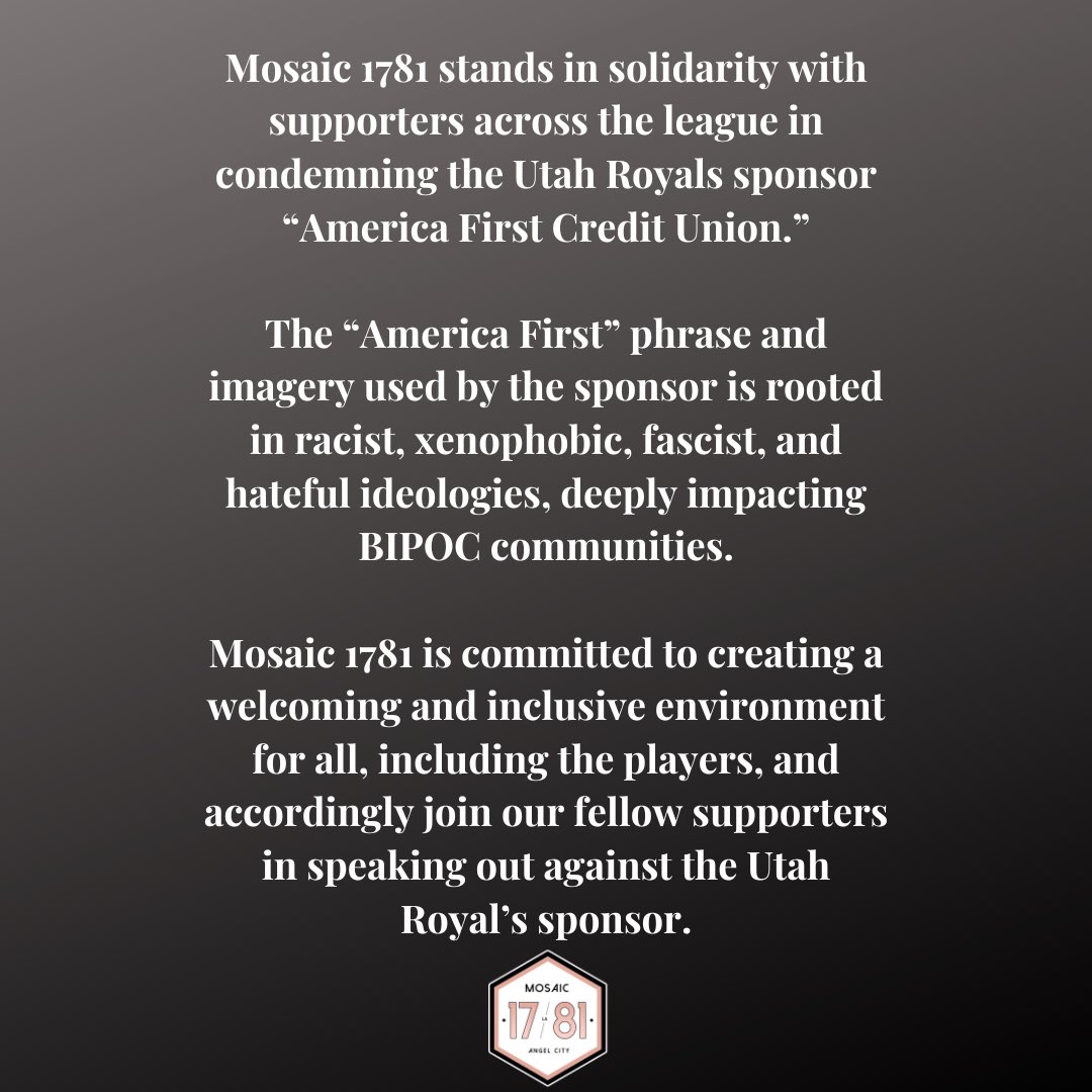Statement from Mosaic 1781 ahead of tonight’s Angel City match against the Utah Royals.

#NWSL