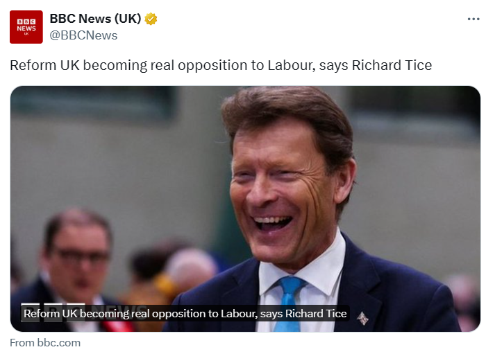 Richard Tice is the big loser in last night's vote. Why are @bbcnews platforming the radical right like this? So far Reform UK has won just 2 seats out of over 2,000. To put this in perspective the Residents Association has 48. Who thinks the entire @BBC board needs sacking?
