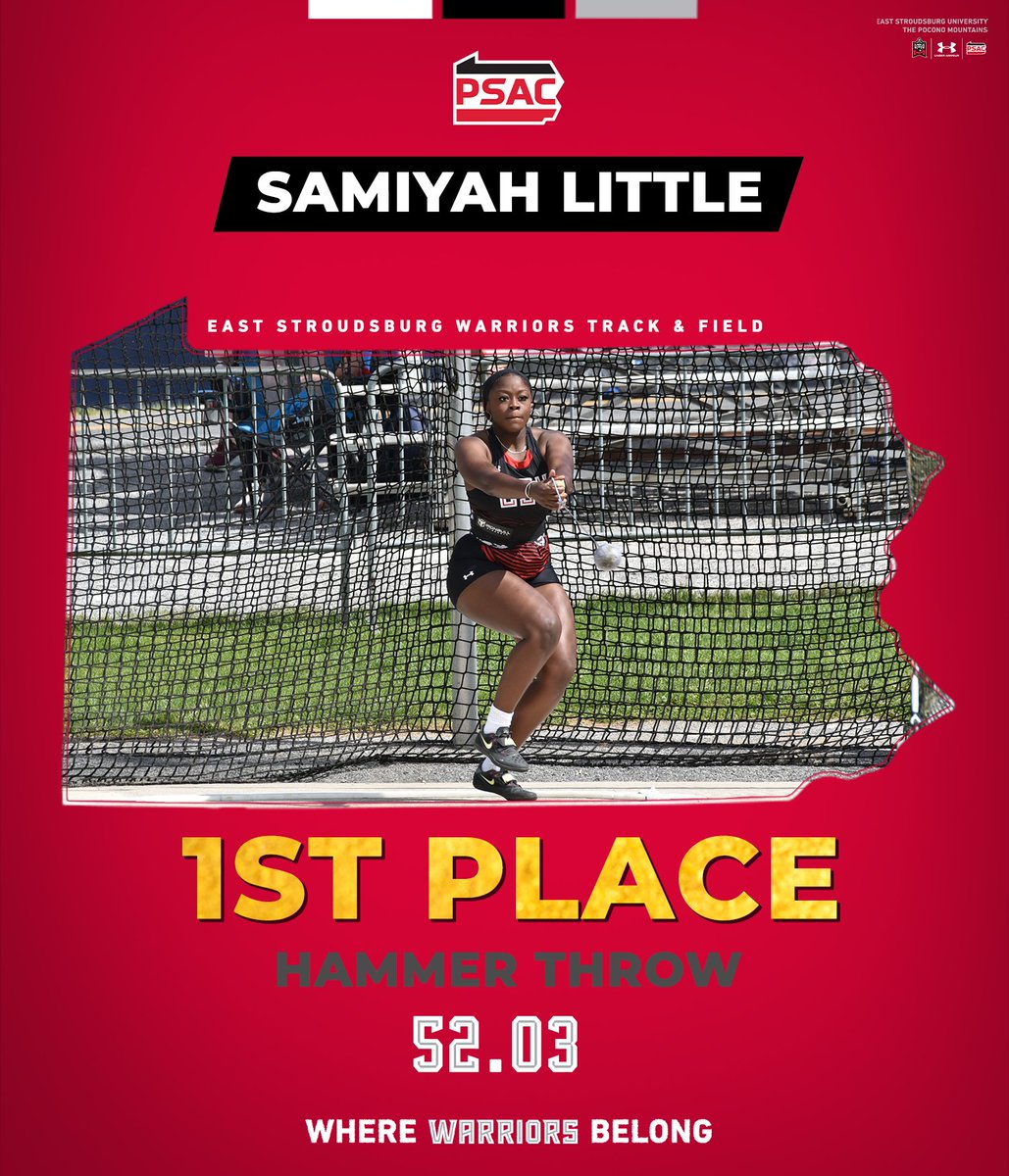 PSAC CHAMPION🏆 Congratulations to Samiyah Little on capturing the hammer throw title with a mark of 52.03m (170-8)! The junior became the first Warrior in program history to win the event at the PSAC Outdoor Championships! #WhereWarriorsBelong