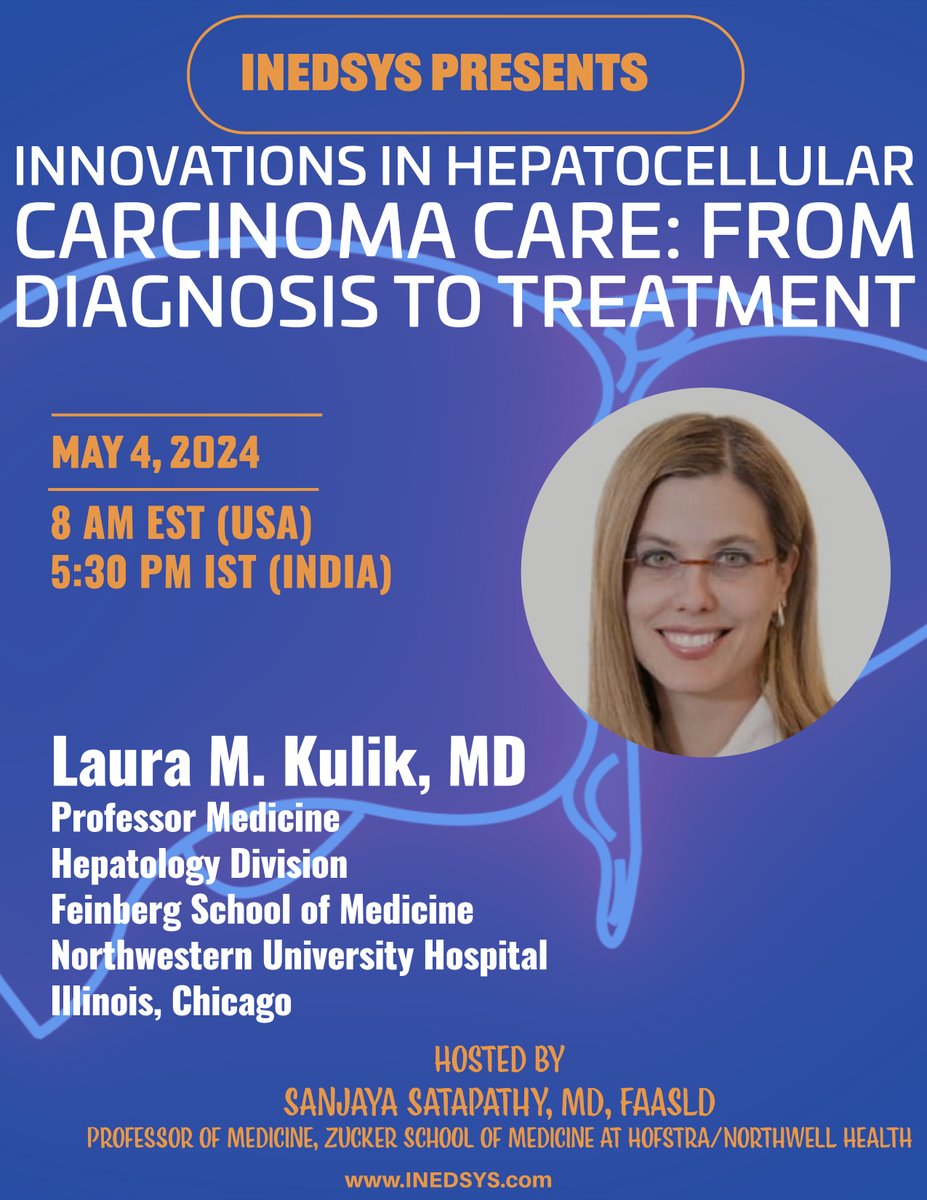 📷
Join us for a virtual State-of-the-art lecture on Hepatocellular Carcinoma by ⁦Prof. Laura Kulik⁩ | May 4, 2024, 08:00 AM ET (US and Canada) | 5:30 PM IST | Register: us06web.zoom.us/meeting/regist…
@AASLDtweets @AmCollegeGastro @_ILTS_ @APASLnews @INASL_Liver @NorthwellHealth