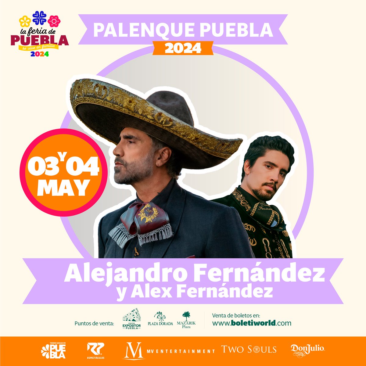 🎉Este 3 y 4 de mayo, Alejandro Fernández y Alex Fernández te esperan en el Palenque de la #FeriaDePuebla 2024. ¡Únete a la fiesta que
#SeViveEnFamilia! 🎶🎤