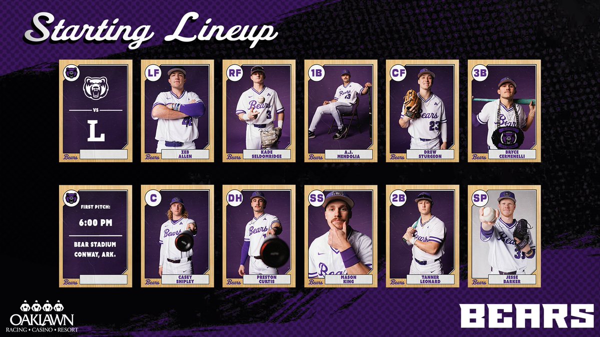 Our starting lineup for Game 1 of our ASUN series with Lipscomb. First pitch at 6 pm at The Bear. #BearClawsUp x #FightFinishFaith