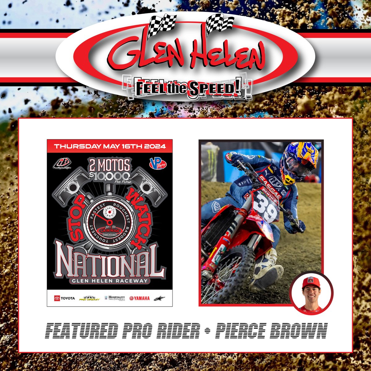 ⏱ The Stopwatch National is almost here at Glen Helen and we're excited to begin rolling out professional riders who have RSVP'd to this unique event! . 🚨 Glen Helen is happy to announce none other than Pierce Brown ! . 🔥 Event Sponsors: #vpracingfuels @TroyLeeDesigns