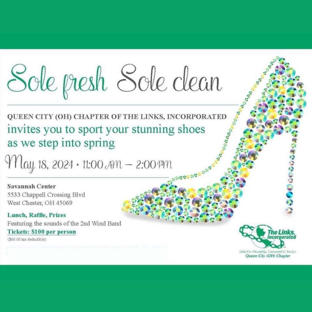 Ticket are still available for the Queen City (OH) Chapter of The Links, Incorporated Sole Fresh, Sole Clean Luncheon and Raffle. eventbrite.com/e/sole-fresh-s…

#QCL #QCLLuncheon #SoleFreshSoleClean #Thingstodo #Cincinnati #QCLFundraiser #StepIntoSpring