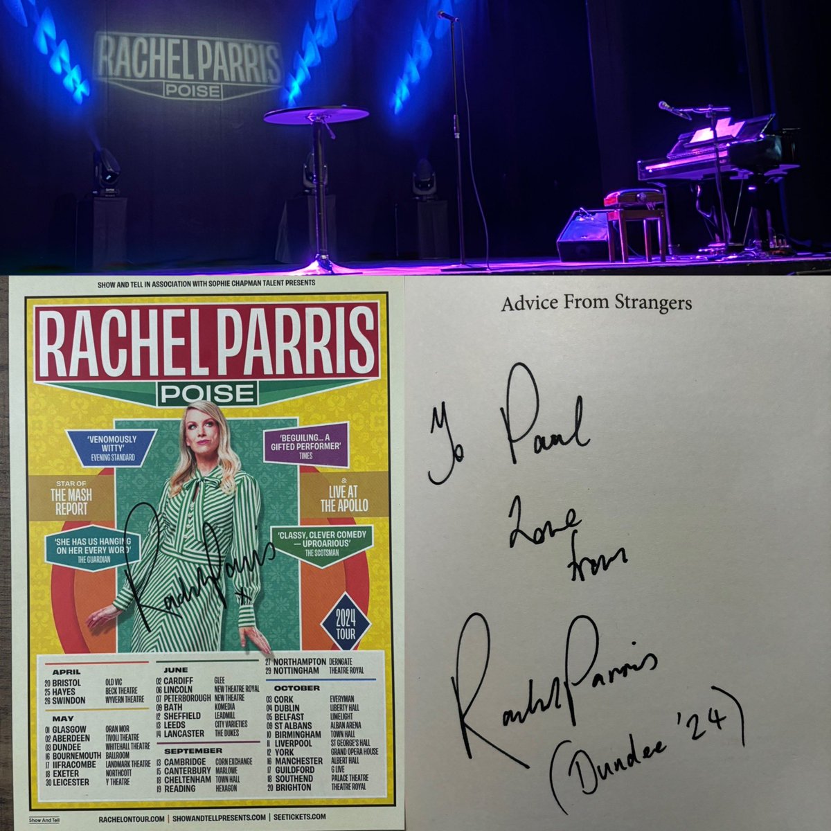 Great night out seeing @rachelparris on her #Poise tour! An evening of song and laughter from this wonderfully talented performer! Grateful to get my copy of #AdviceFromStangers signed as well! #DiamondFinger #Parents #InquisitiveDog