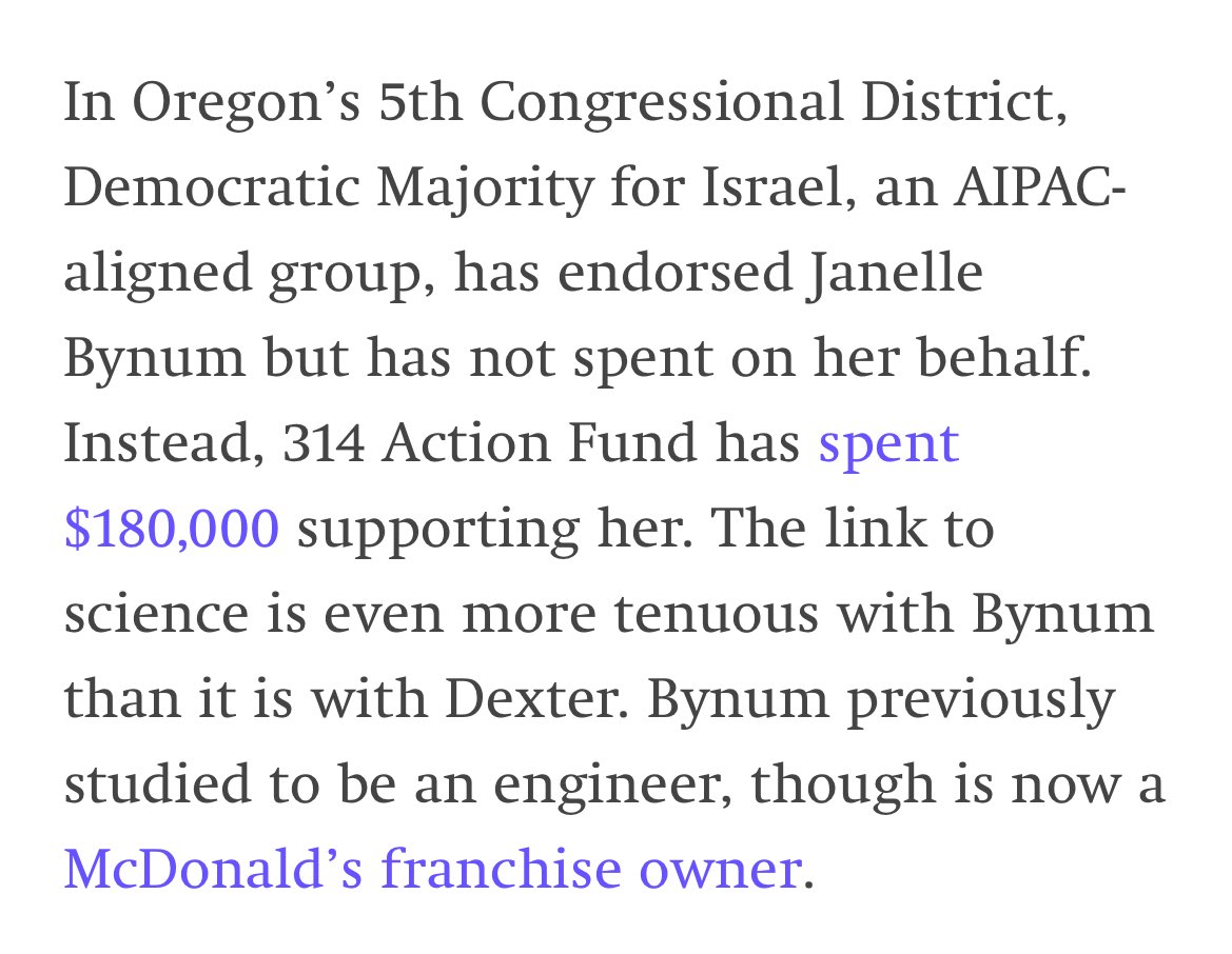 Quick notes on the #OR05 graf at the end of this: AIPAC in March endorsed incumbent Republican Chavez-DeRemer. 314 Action Fund backed McLeod-Skinner in her 2022 primary before switching to Bynum this cycle. And Bynum was the chief #orleg leader on semiconductor policy. #orpol