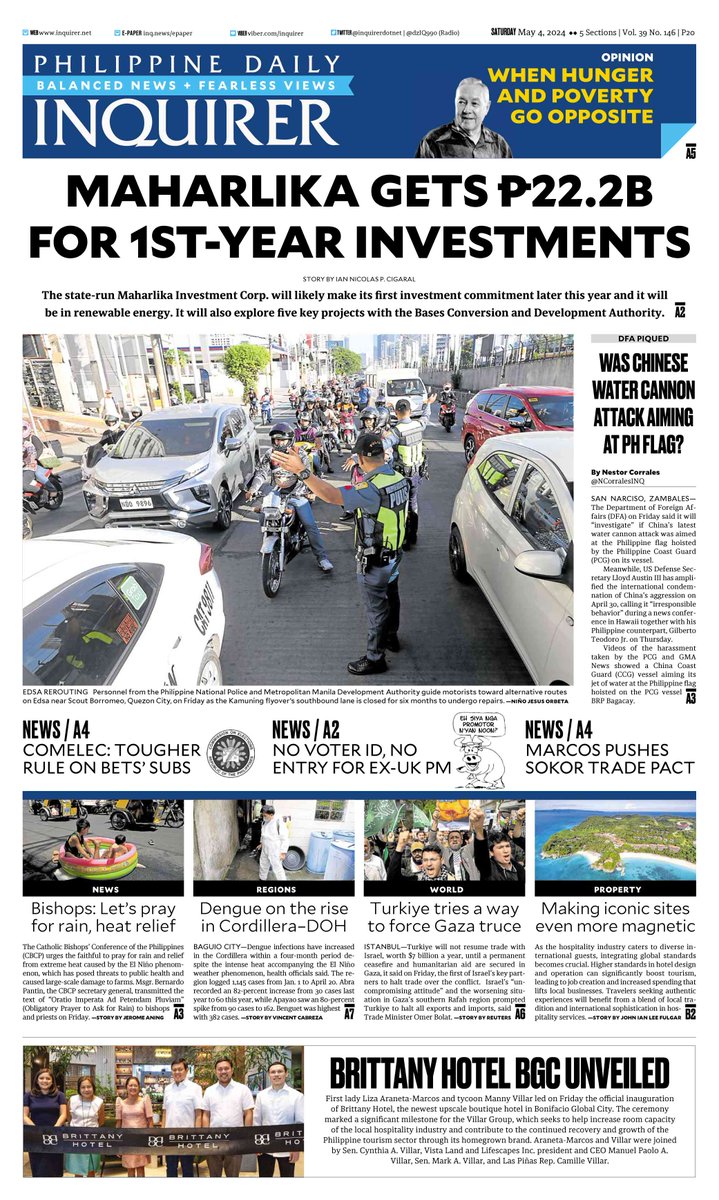 Today's Inquirer front page (May 4, 2024).

More at inq.news/plusfront. 📰#INQFrontPage