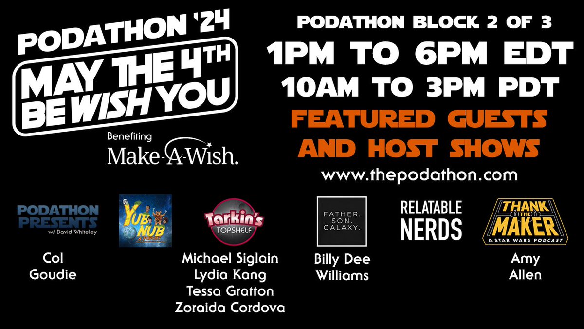 Ready for #Podathon24 benefiting @MakeAWish? Starting tomorrow at 9am EDT at thepodathon.com and going for 14 hours (at least) there will be a lot to see, so we're sharing when you can find your favorite shows & guests! Here's what the 1pm to 6pm EDT block will look like: