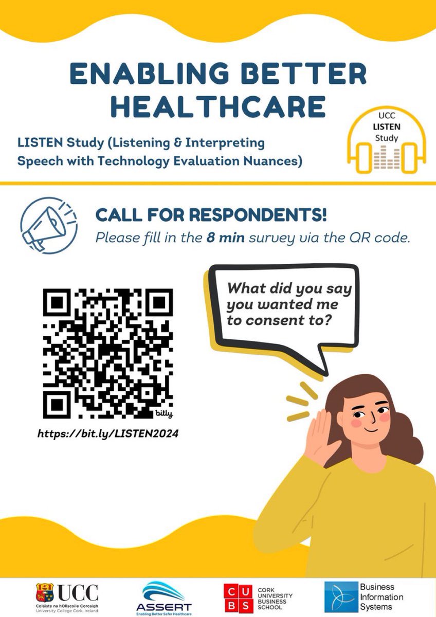 Calling all <a href="/UCC/">UCC Ireland</a> undergraduate students (non-medical)
 
Please consider taking part in our LISTEN Study: bit.ly/LISTEN2024 to enable better healthcare for all <a href="/UCCResearch/">UCC Research</a>, <a href="/richa_yasmina/">Yasmina Richa</a>, @BIS_UCC, <a href="/CUBSucc/">Cork University Business School (CUBS)</a>, <a href="/jfcryan/">John F. Cryan</a>, <a href="/UCCPublicHealth/">UCC School of Public Health</a> <a href="/alanna_denny/">Alanna May Denny</a>