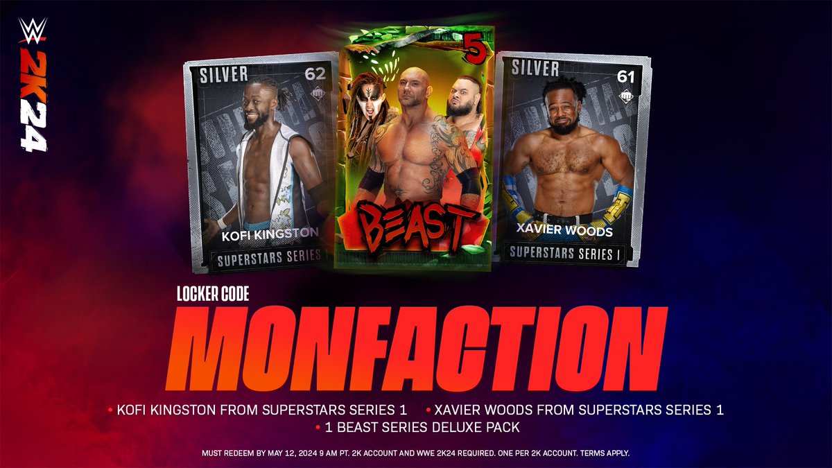 New locker code alert just in time for #WWEBacklash France Includes a Beast Series Deluxe Pack, plus Kofi Kingston and Xavier Woods Superstar Series 1 cards #WWE2K24