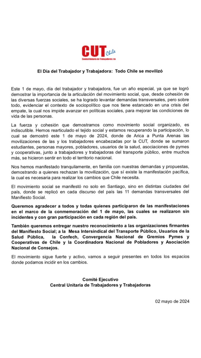 El Día del Trabajador y Trabajadora: Todo Chile se movilizó #UnidadaXunChileJusto #MovimientoSocial @david_acuna_ @EricCamposBonta @karenpalma_ @KarenGonzaSan @Fenpruss @ConfeComercio @ConfeCobre @Asemuchile @FentessChile @CONFENATS @ajunjinacional @anefchile @confemuch…